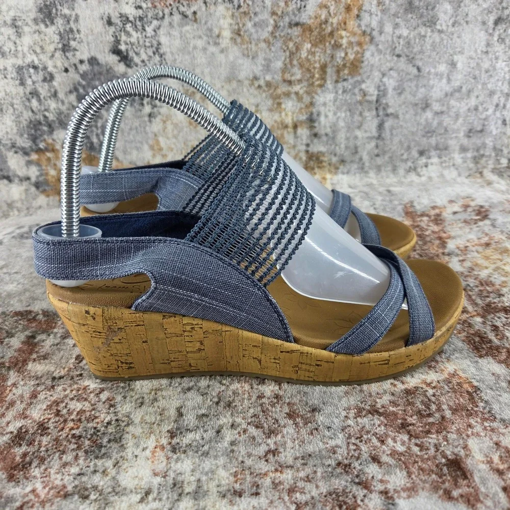 Skechers Beverlee High Tea Wedge Sandals Women 9.5 Blue Denim Elastic Strap Cork